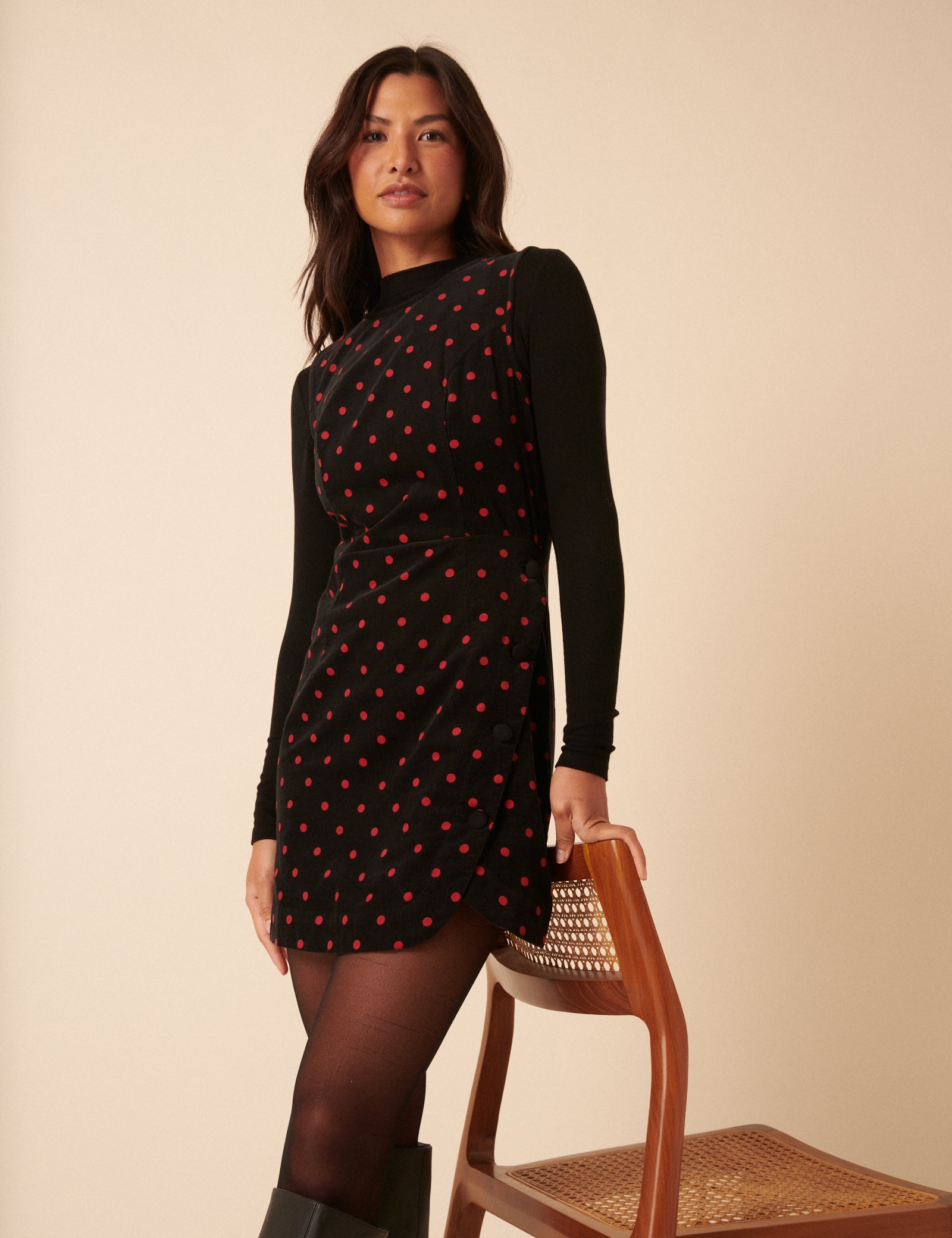 Black Cord Polka Dot Birch Mini Pinafore Dress Black Cord Polka Dot Birch Mini Pinafore Dress