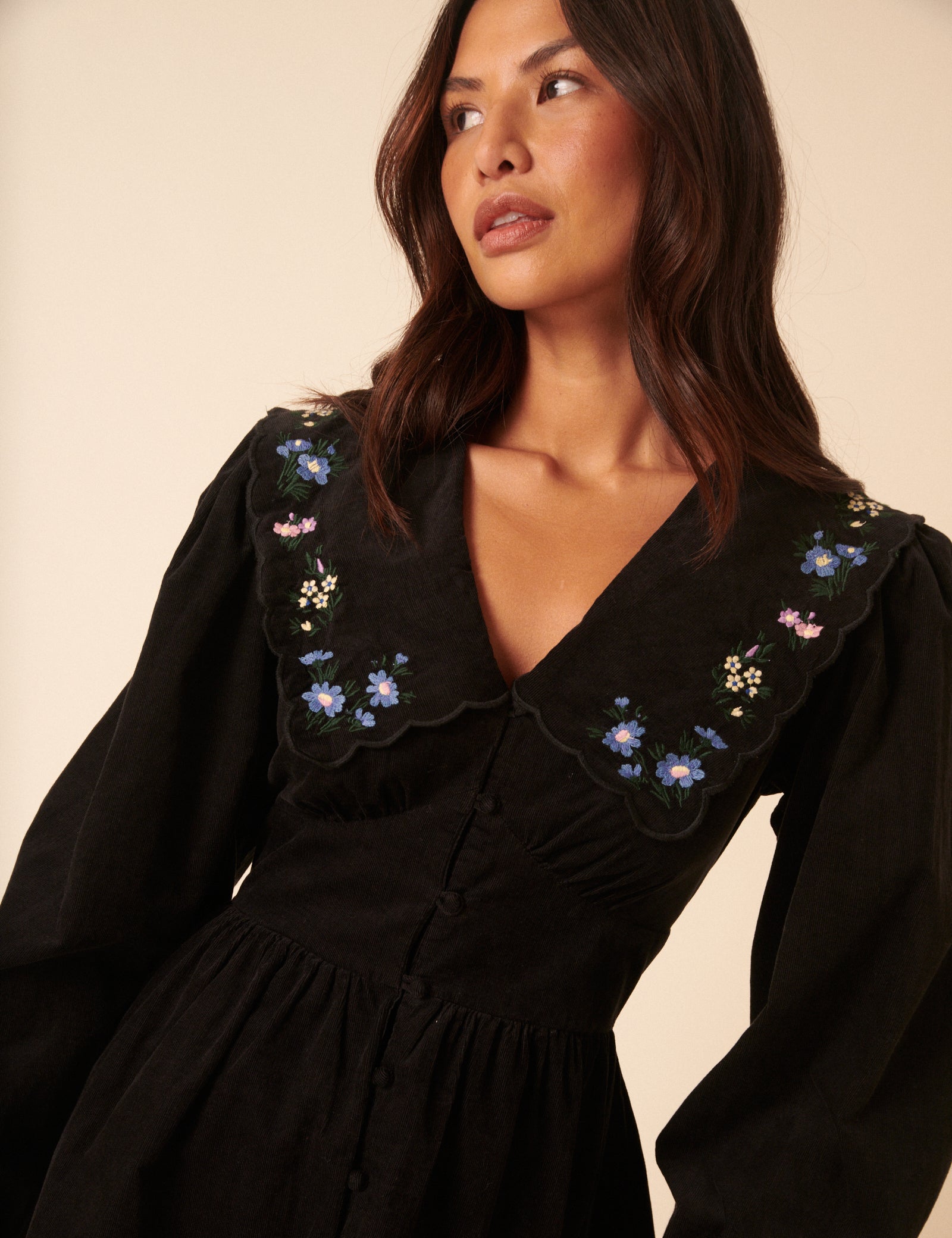 black dress with floral embroidery Black Floral Embroidered Cord Birdie Mini Dress