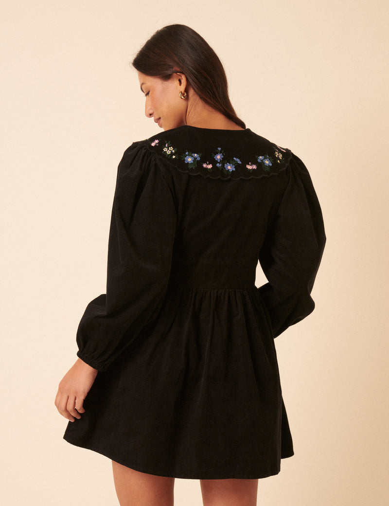 Black Floral Embroidered Cord Birdie Mini Dress