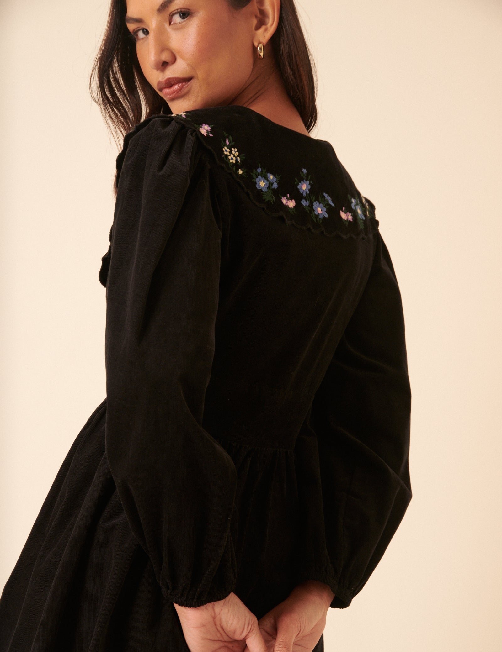 Black Floral Embroidered Cord Birdie Mini Dress