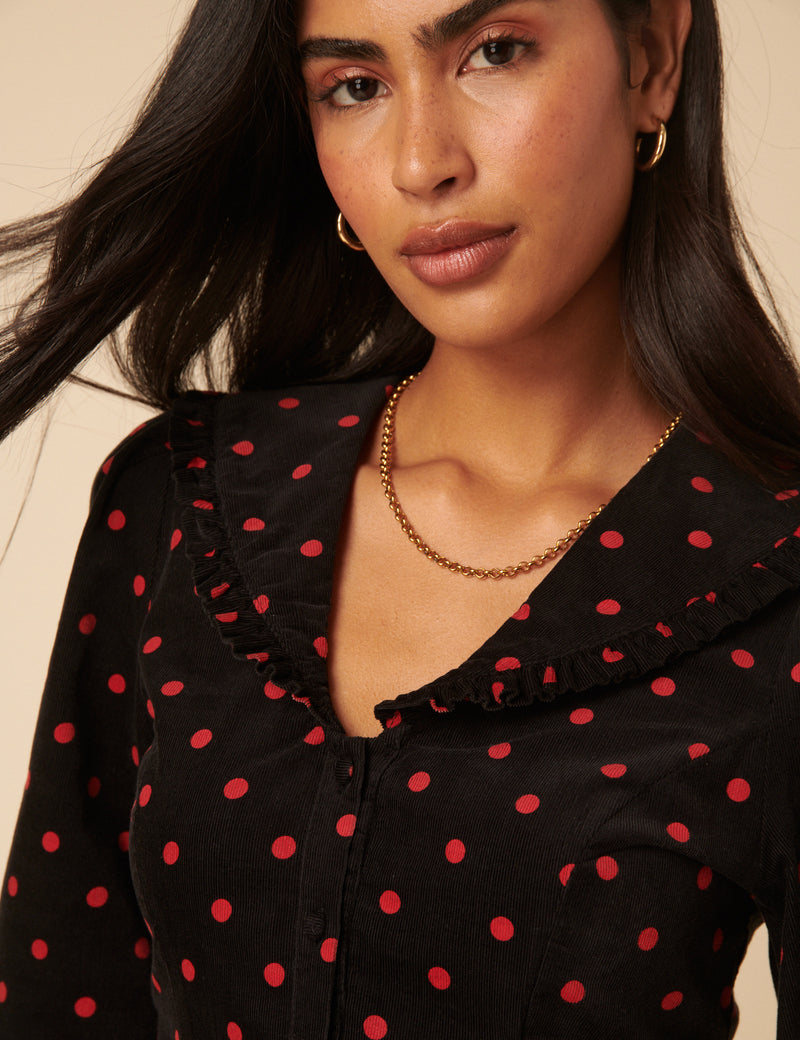 Black Cord Polka Dot Balloon Sleeve Emma Mini Dress