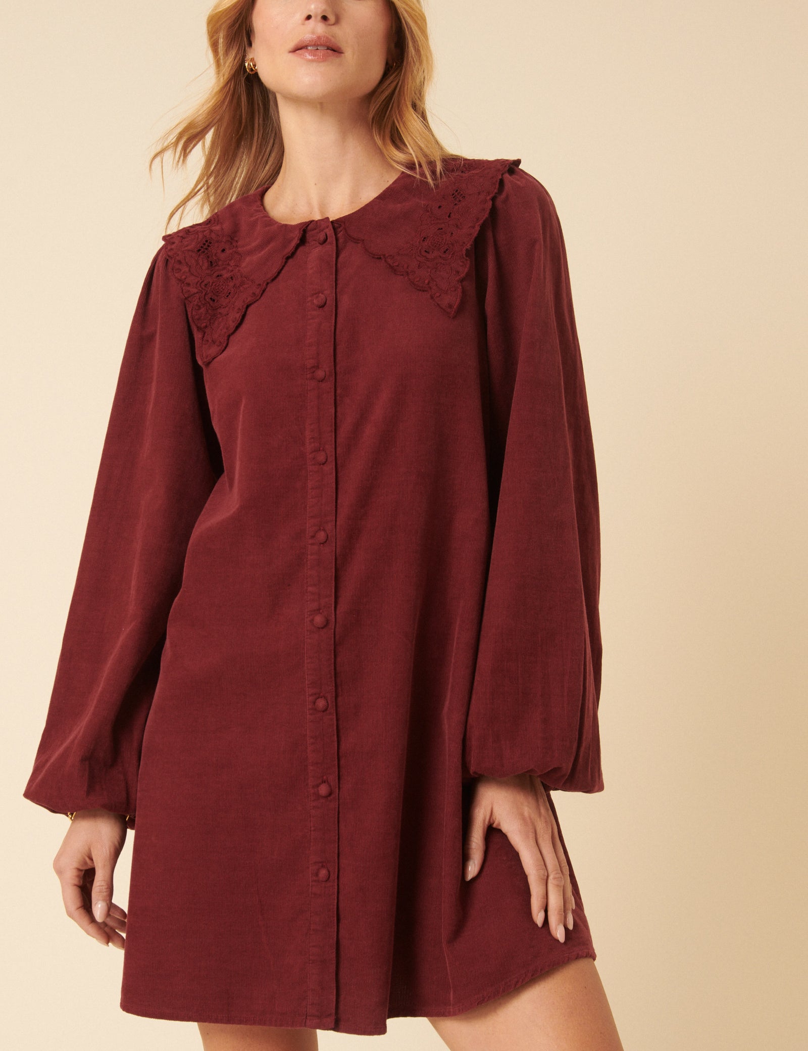 Burgundy Peter Pan Collar Cord Bridget Mini Dress Burgundy Peter Pan Collar Cord Bridget Mini Dress