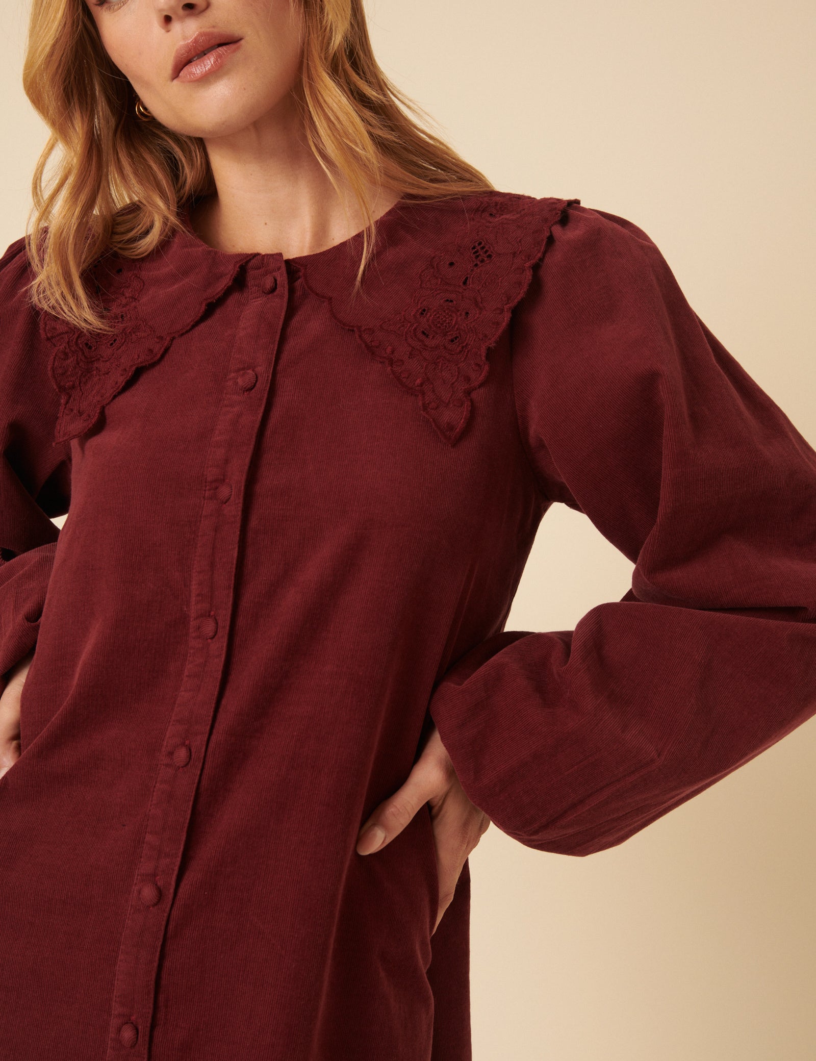 Burgundy Peter Pan Collar Cord Bridget Mini Dress