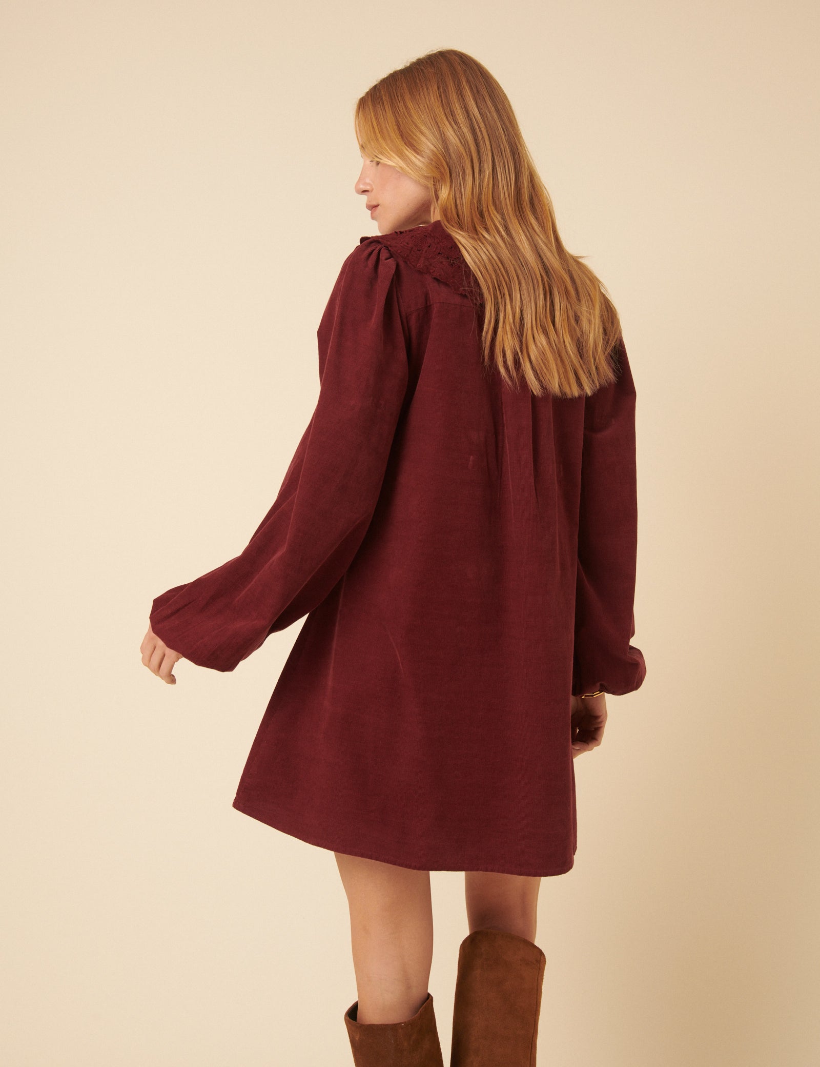 Burgundy Peter Pan Collar Cord Bridget Mini Dress Burgundy Peter Pan Collar Cord Bridget Mini Dress