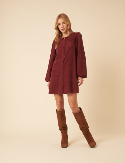 Burgundy Peter Pan Collar Cord Bridget Mini Dress