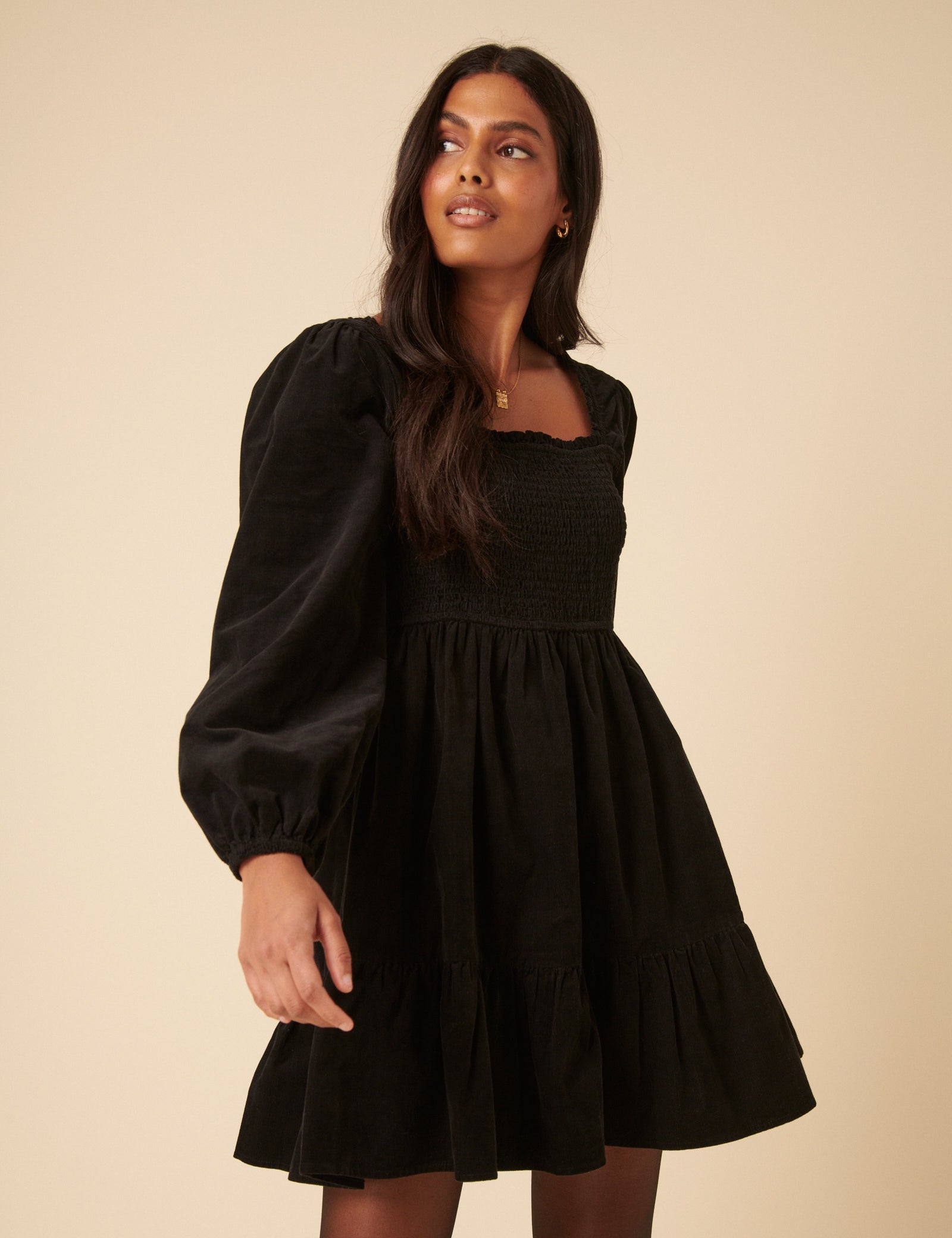 Black Balloon Sleeve Cord Tiered Elsa Mini Dress Black Balloon Sleeve Cord Tiered Elsa Mini Dress