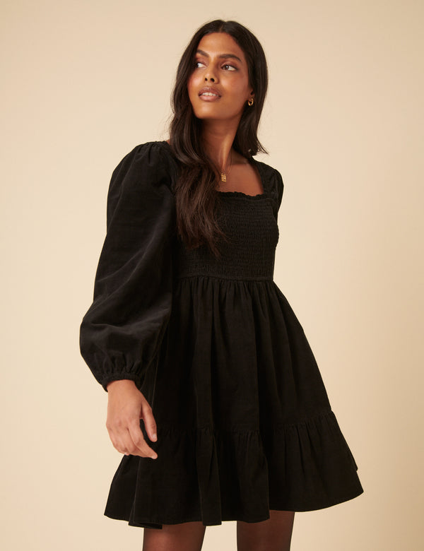 Black Balloon Sleeve Cord Tiered Elsa Mini Dress