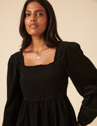 Black Balloon Sleeve Cord Tiered Elsa Mini Dress