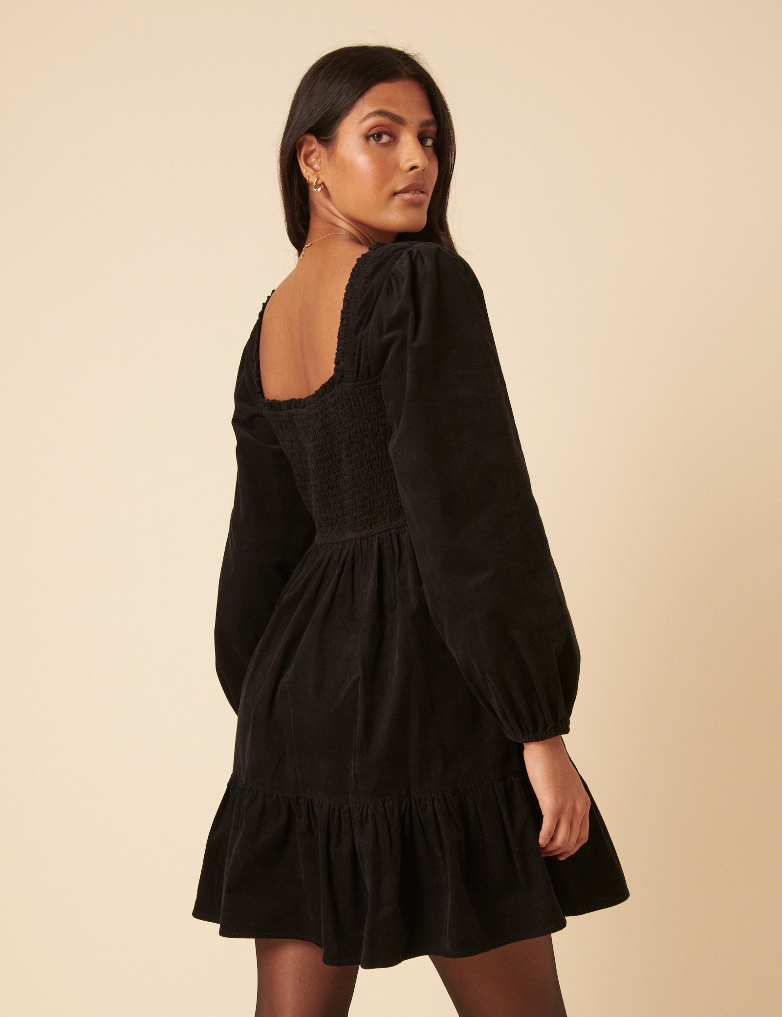 Black Balloon Sleeve Cord Tiered Elsa Mini Dress