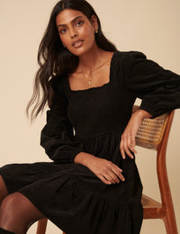 Black Balloon Sleeve Cord Tiered Elsa Mini Dress