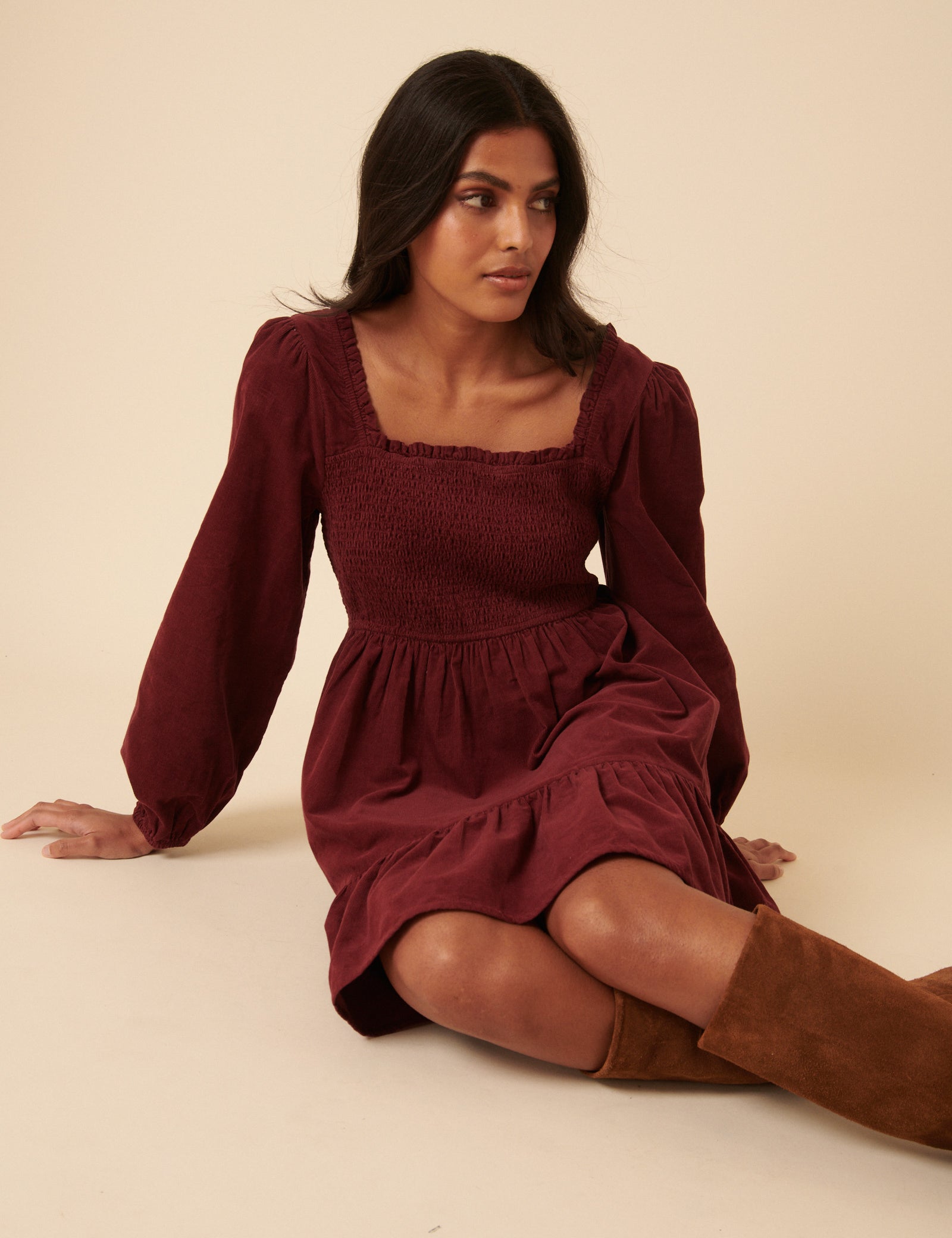 Burgundy Balloon Sleeve Cord Tiered Elsa Mini Dress Burgundy Balloon Sleeve Cord Tiered Elsa Mini Dress