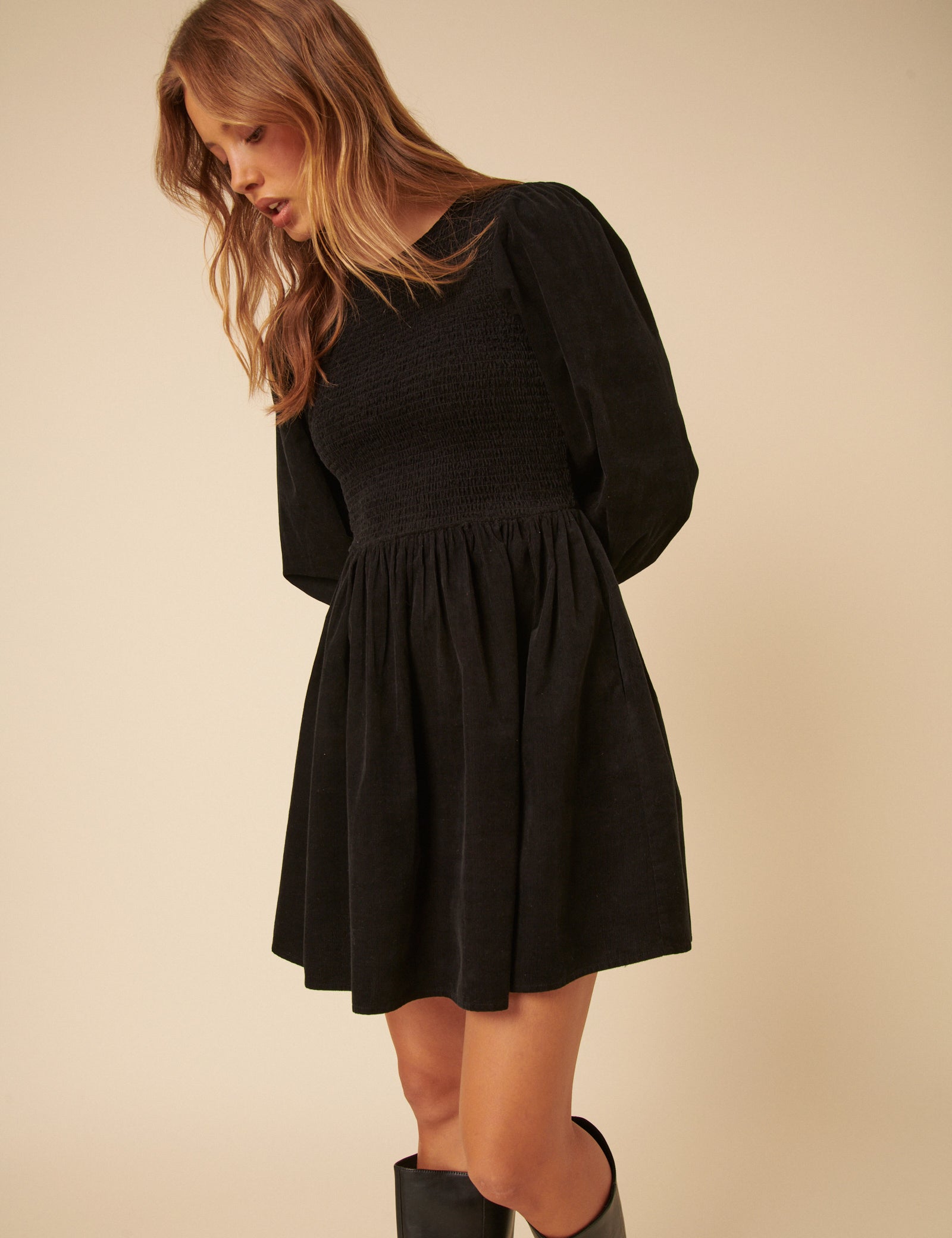 Black Cord Long Sleeve Shirred Bambi Mini Dress Black Cord Long Sleeve Shirred Bambi Mini Dress