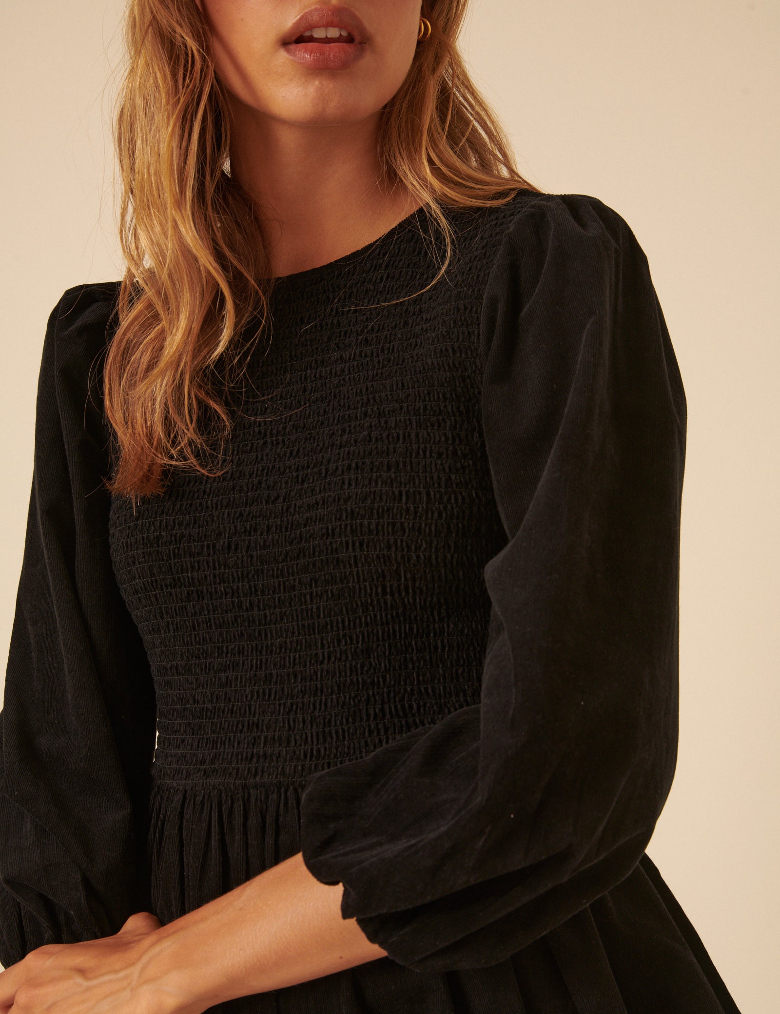 Black Cord Long Sleeve Shirred Bambi Mini Dress Black Cord Long Sleeve Shirred Bambi Mini Dress