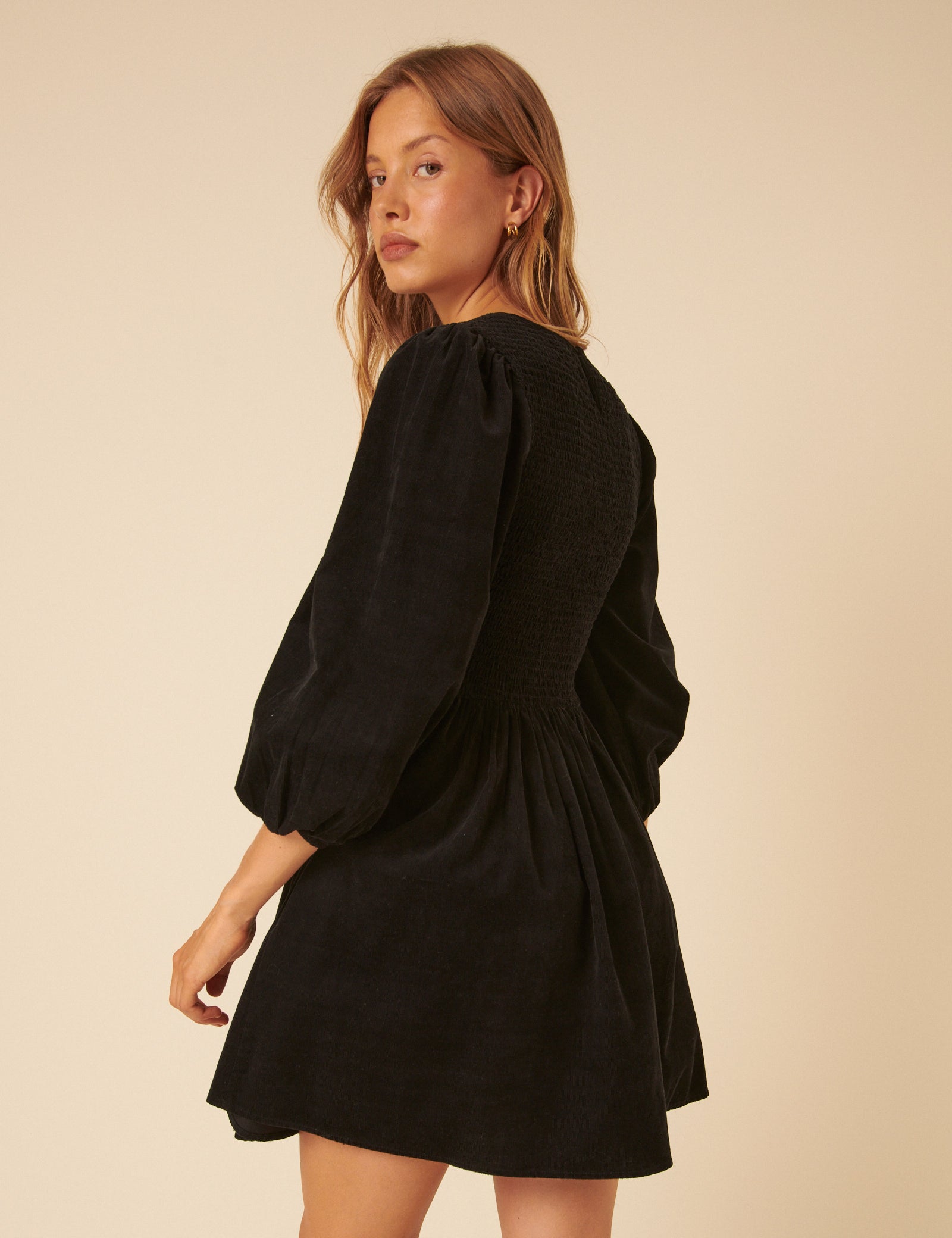 Black Cord Long Sleeve Shirred Bambi Mini Dress Black Cord Long Sleeve Shirred Bambi Mini Dress