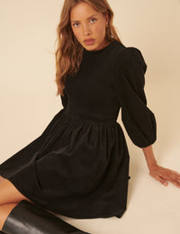 Black Cord Long Sleeve Shirred Bambi Mini Dress