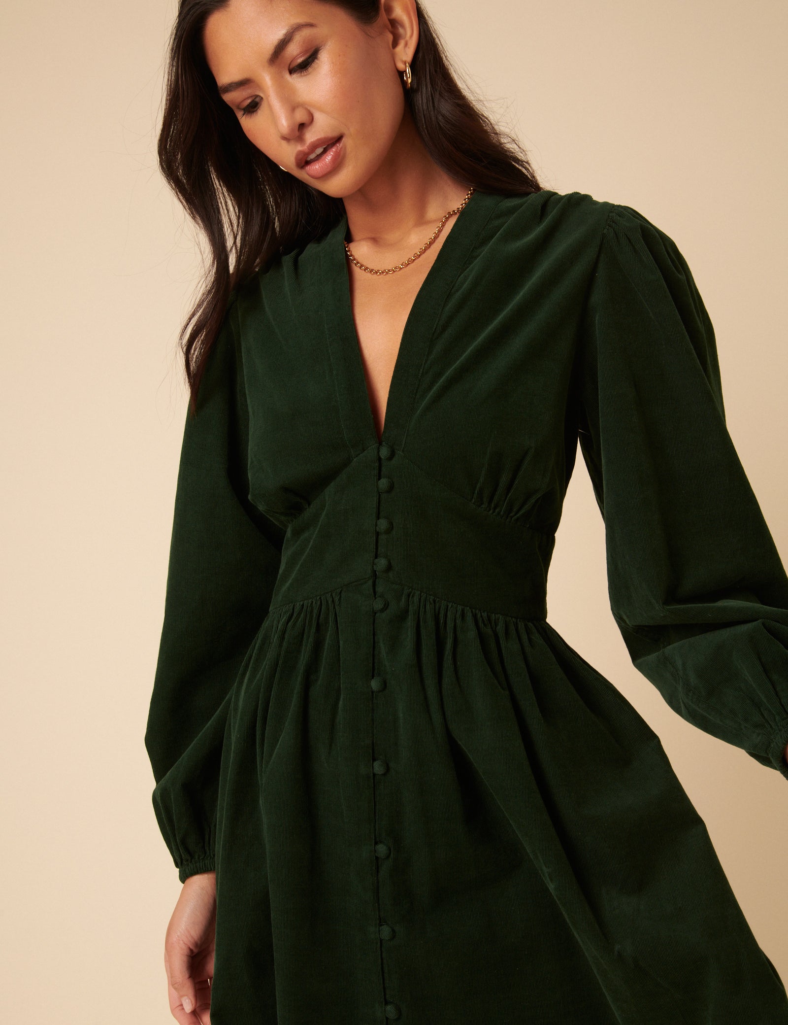 green cord mini dress Nobody's Child Starlight cord balloon sleeve button through v neck mini dress in forest green