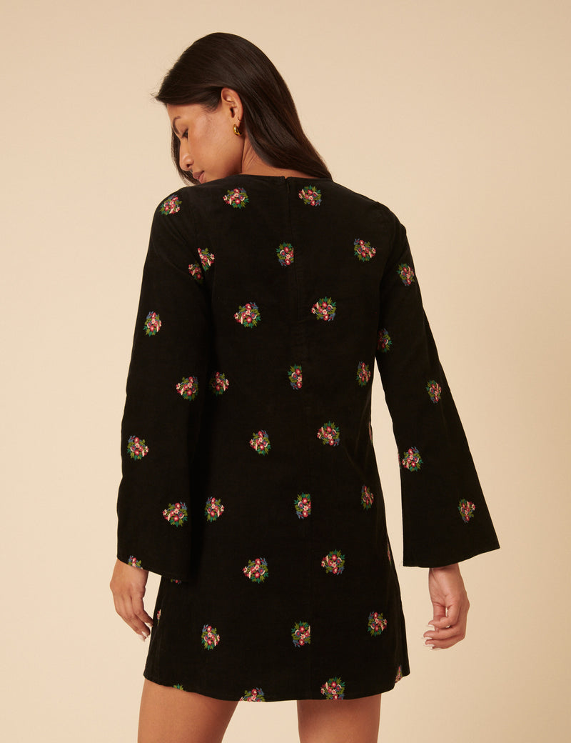 Black Floral Embroidered Saravejo Cord Mini Dess