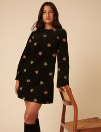 Black Floral Embroidered Saravejo Cord Mini Dess