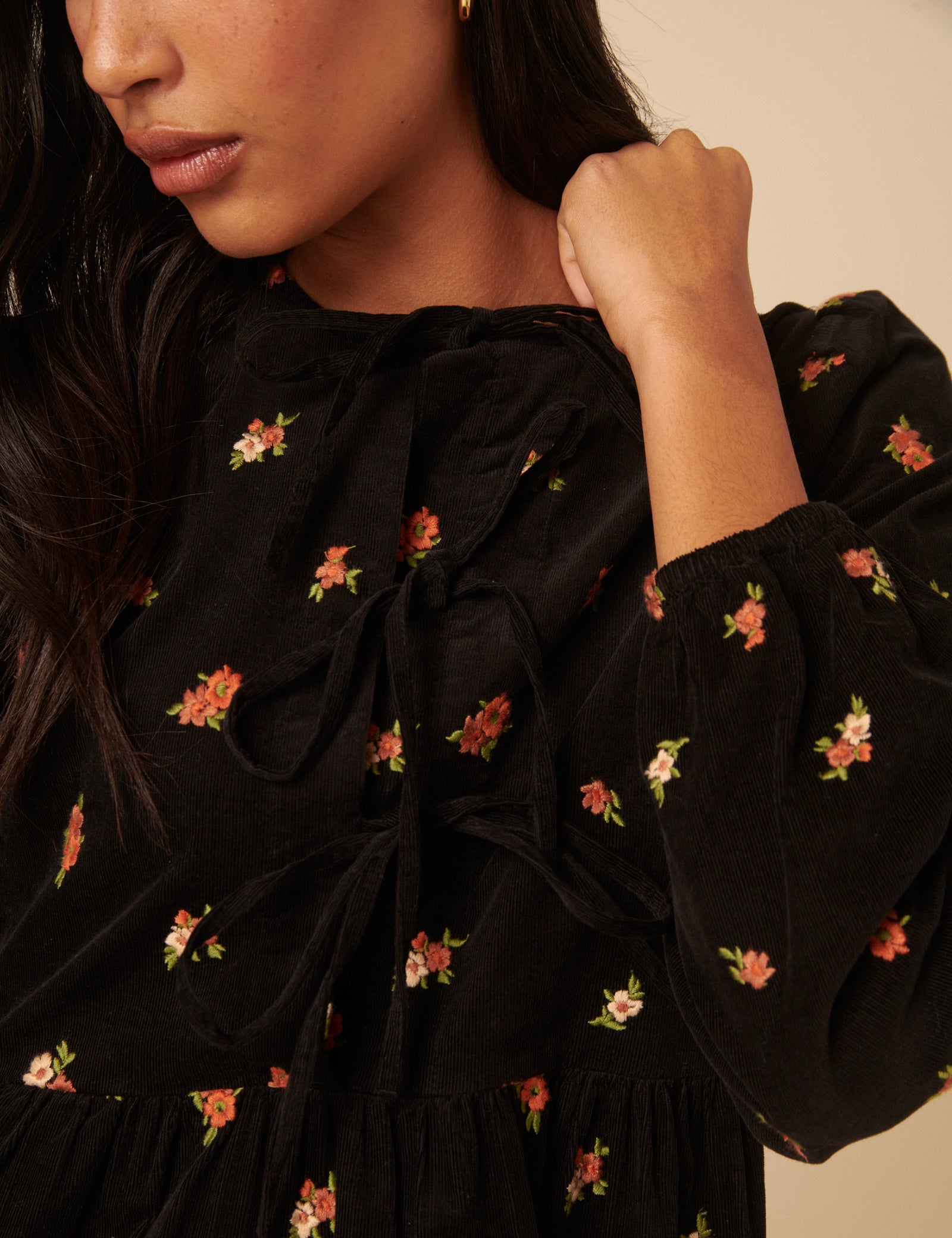 eden embroidered dress Black Floral Embroidered Tie-front Cord Eden Mini Dress
