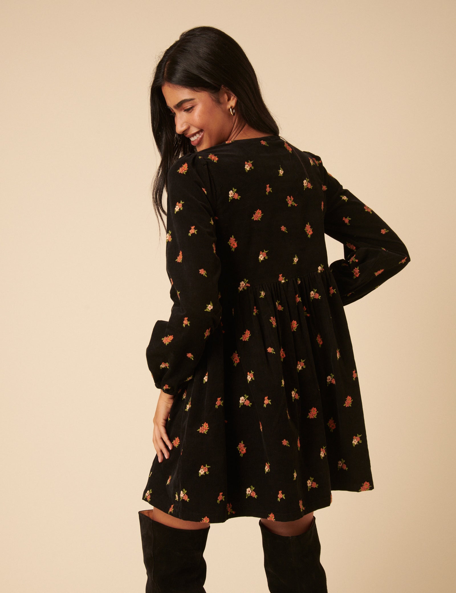 Black Floral Embroidered Tie-front Cord Eden Mini Dress