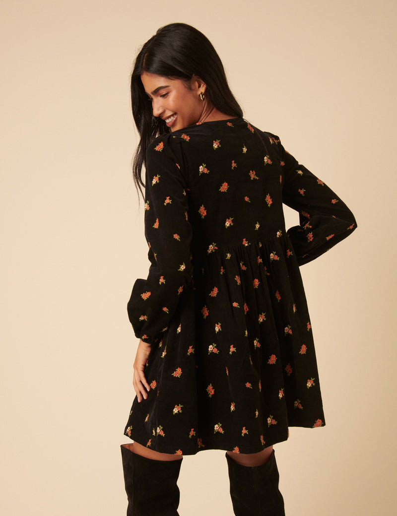 Black Floral Embroidered Tie-front Cord Eden Mini Dress