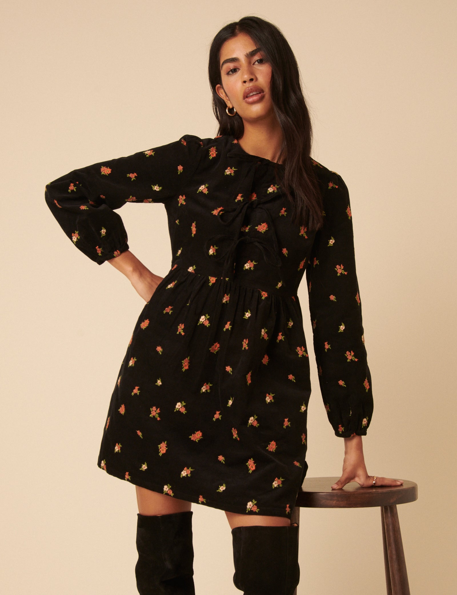 Black Floral Embroidered Tie-front Cord Eden Mini Dress Black Floral Embroidered Tie-front Cord Eden Mini Dress
