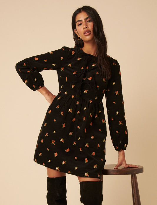 eden structured mini dress Black Floral Embroidered Tie-front Cord Eden Mini Dress