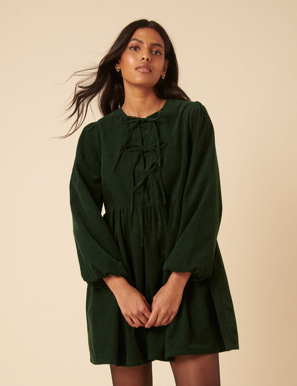 Green Embroidered Tie-front Cord Eden Mini Dress
