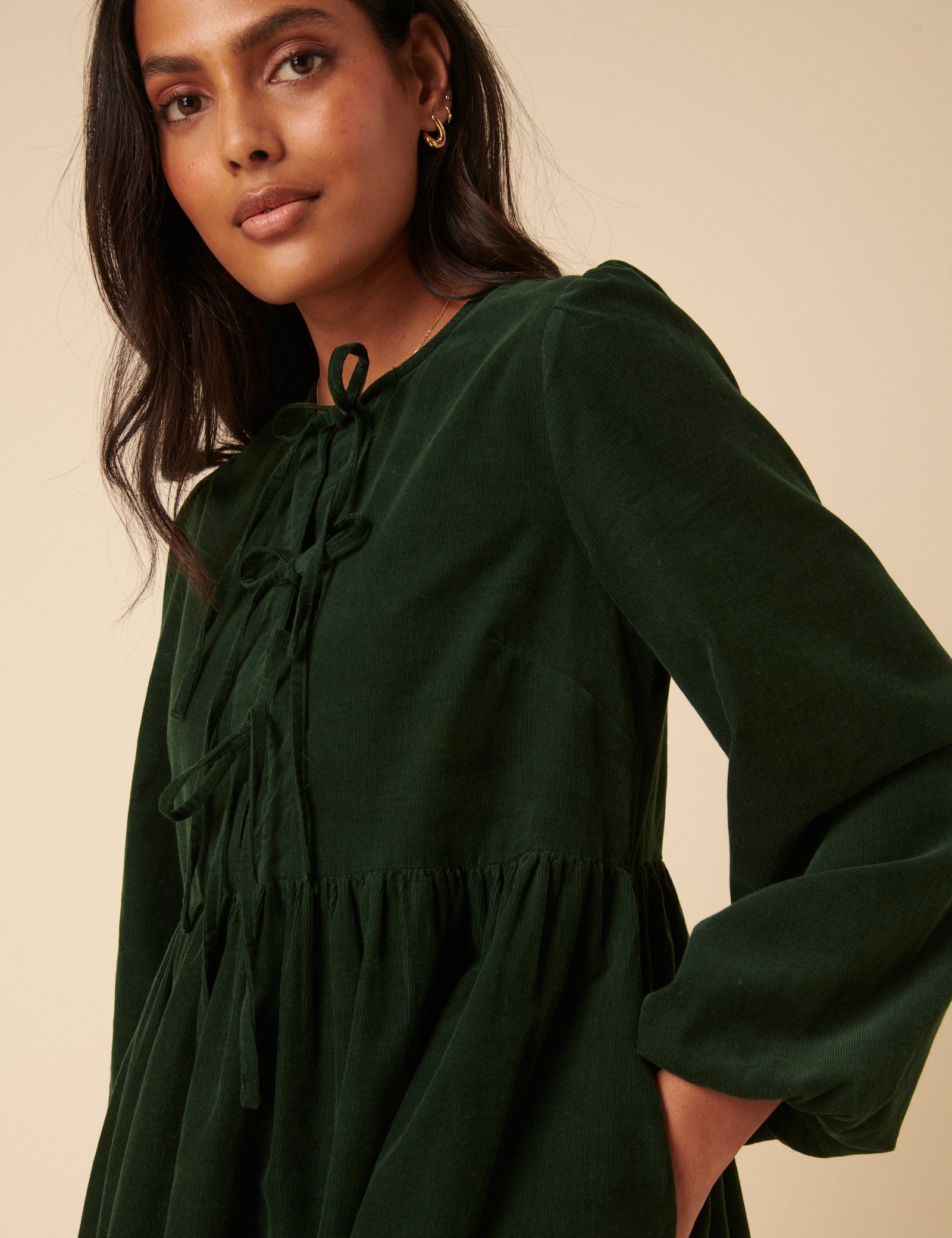 Green Embroidered Tie-front Cord Eden Mini Dress