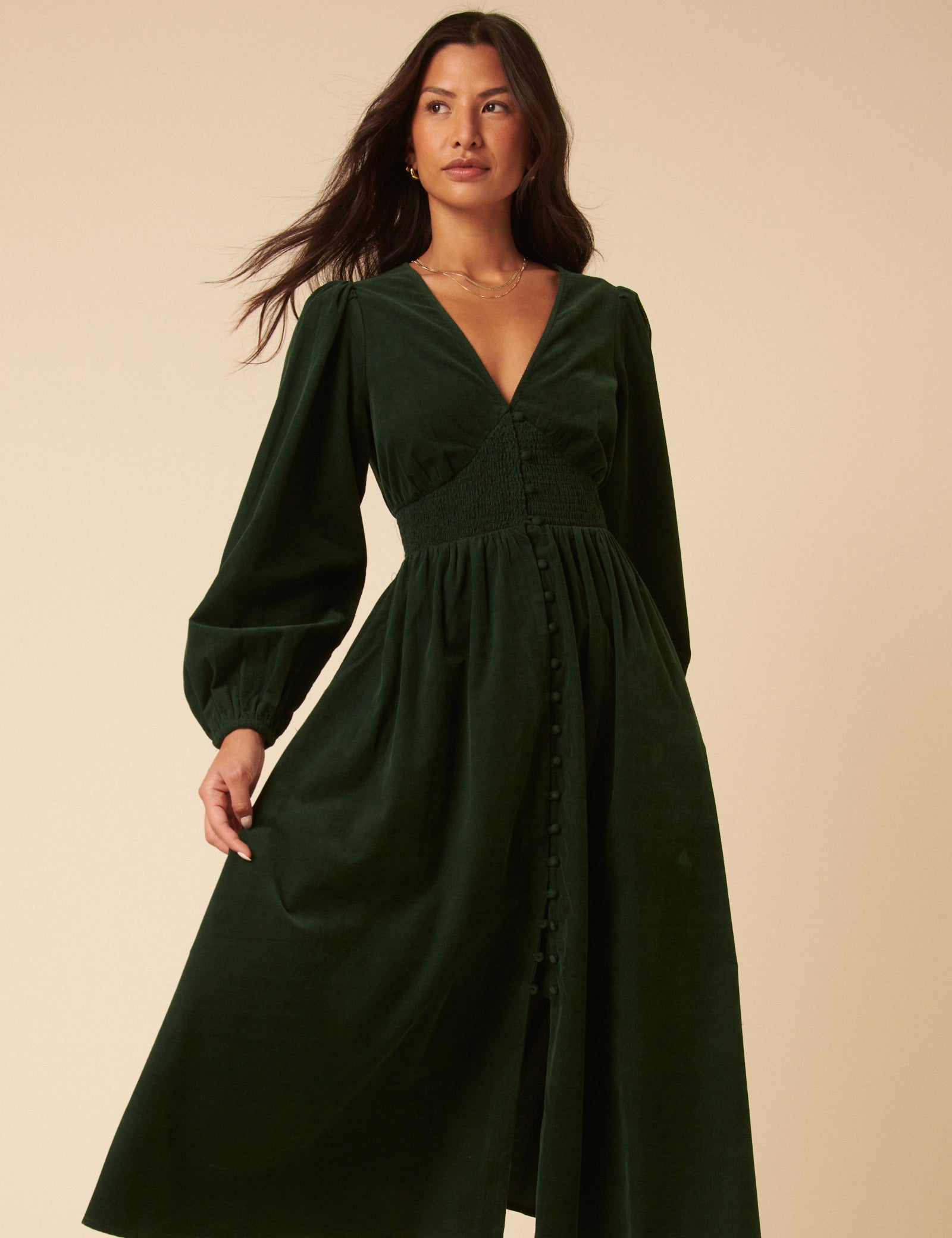 Forest Green Cord Long Sleeve Riley Midi Dress Forest Green Cord Long Sleeve Riley Midi Dress