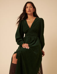 Forest Green Cord Long Sleeve Riley Midi Dress