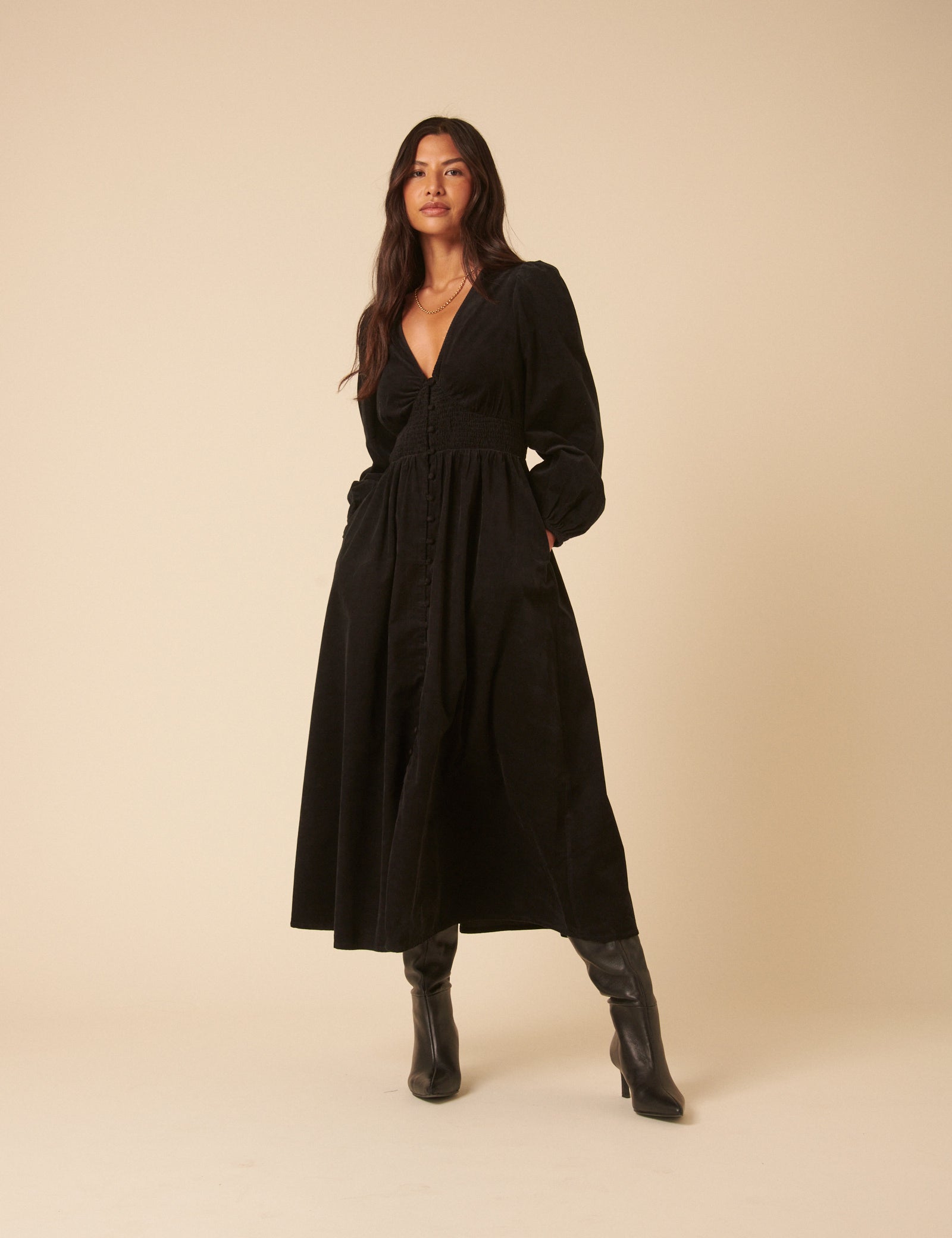 Black Cord Long Sleeve Riley Midi Dress Black Cord Long Sleeve Riley Midi Dress