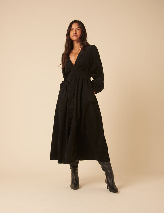 Black Cord Long Sleeve Riley Midi Dress Black Cord Long Sleeve Riley Midi Dress