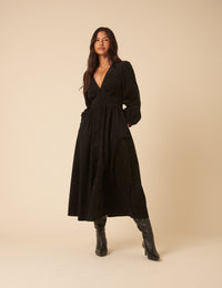 Black Cord Long Sleeve Riley Midi Dress