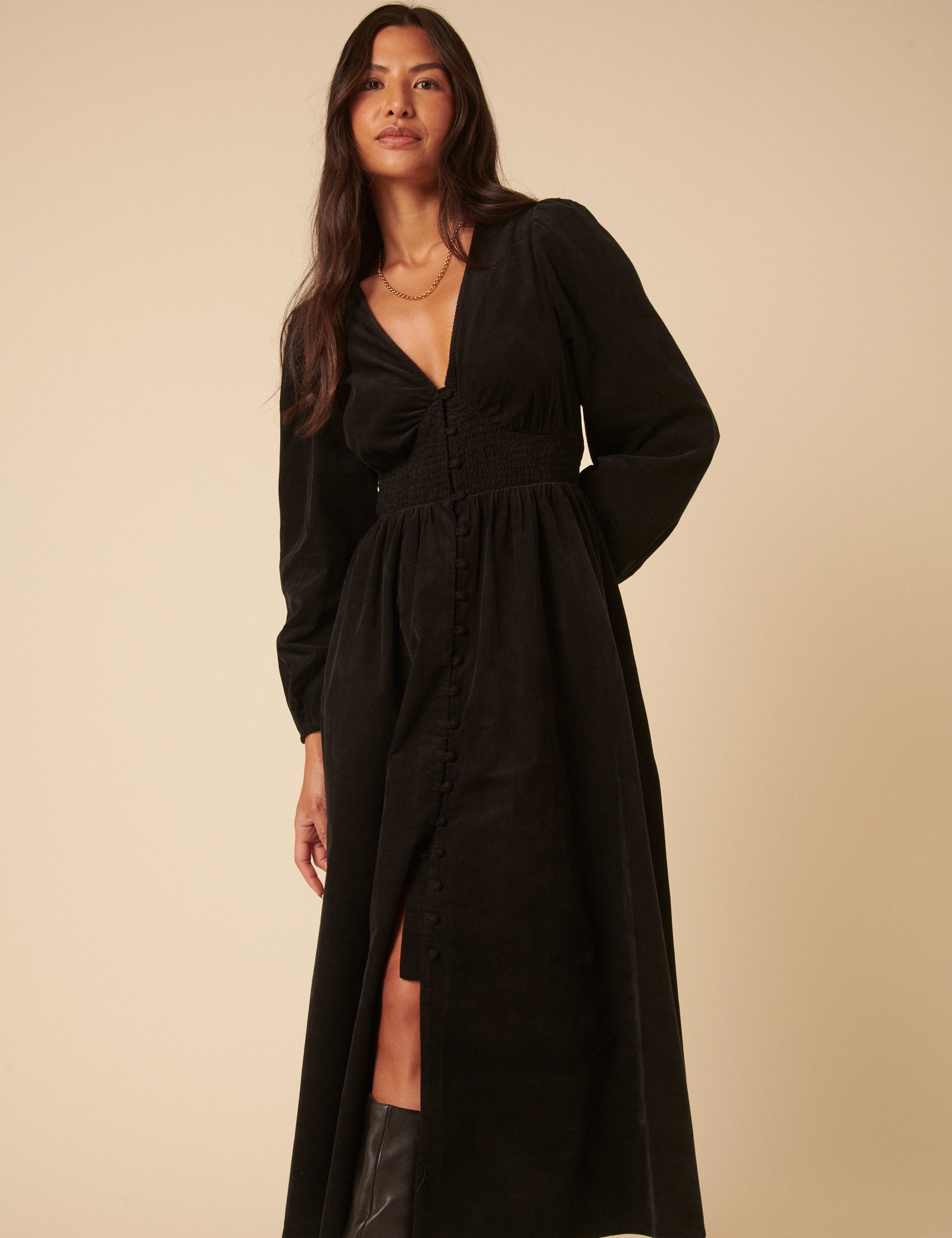 Black Cord Long Sleeve Riley Midi Dress Black Cord Long Sleeve Riley Midi Dress