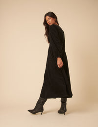 Black Cord Long Sleeve Riley Midi Dress