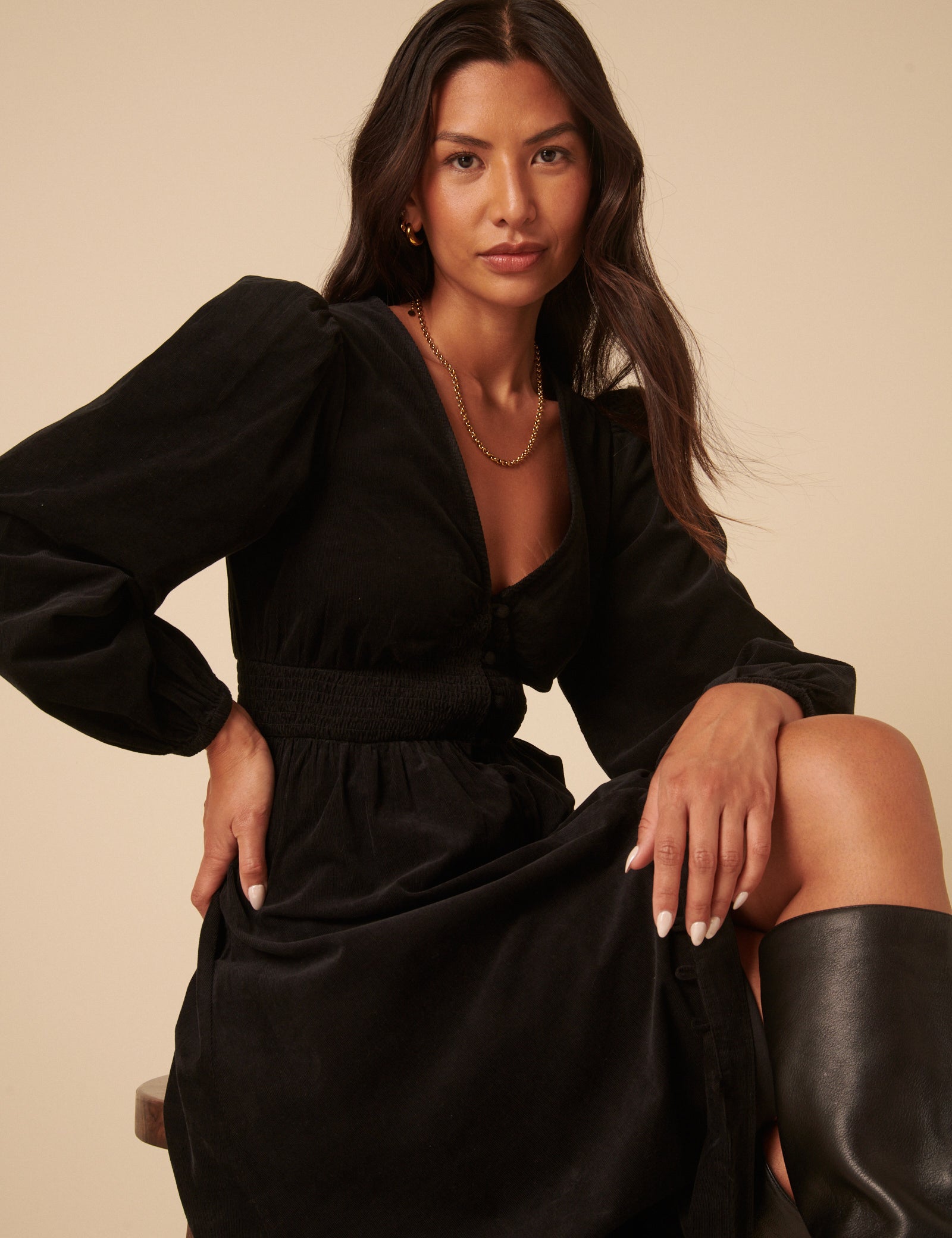 Black Cord Long Sleeve Riley Midi Dress Black Cord Long Sleeve Riley Midi Dress