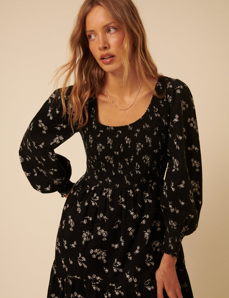Black Floral Embroidered Cord Ruby Midi Dress