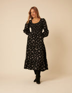 Black Floral Embroidered Cord Ruby Midi Dress