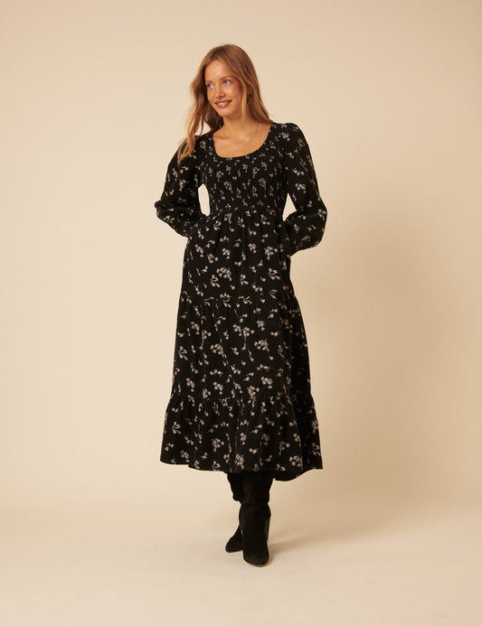 green emerald velvet dress Tessa Floral Midi Dress in Black – Isalis main image 0