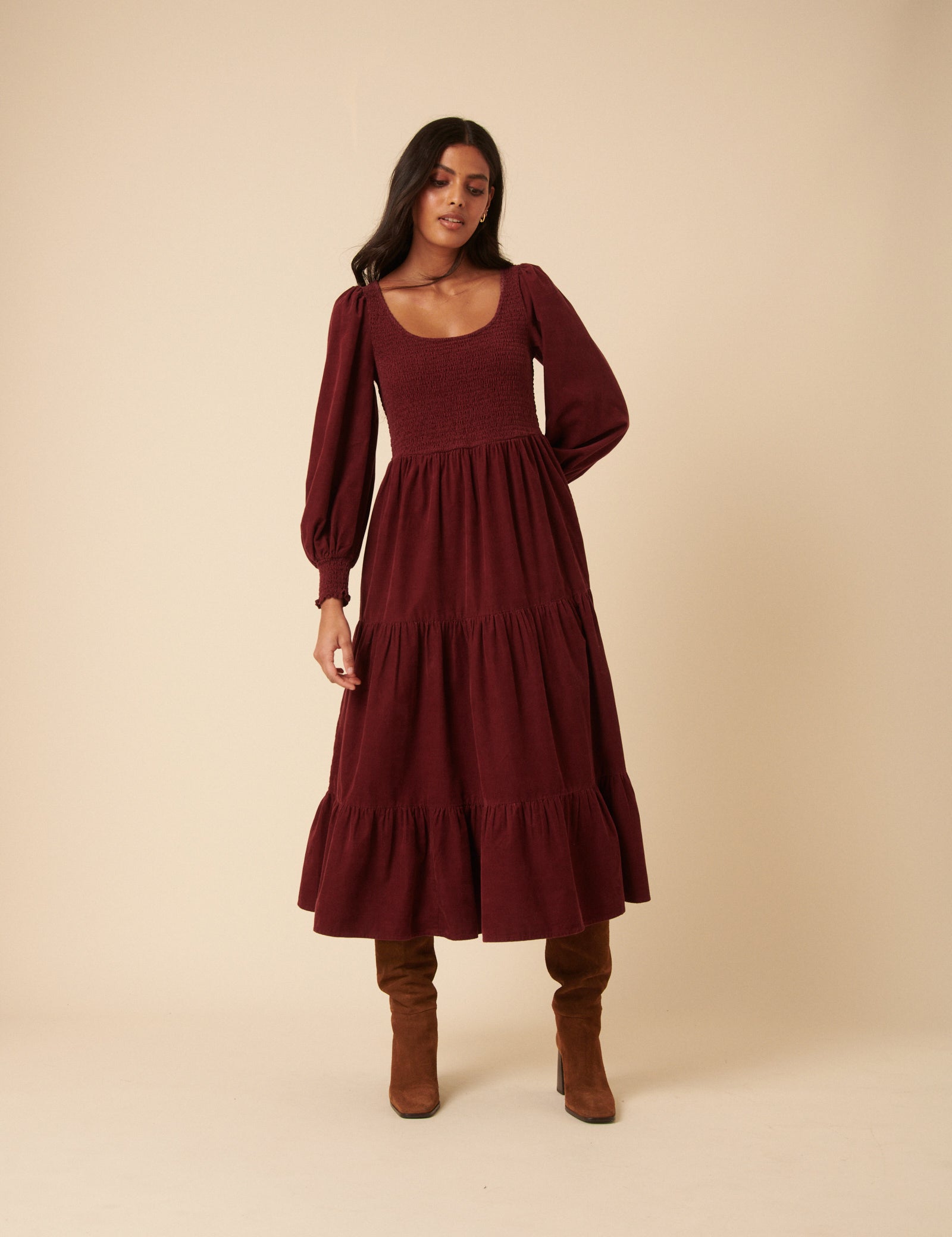 Burgundy Cord Tiered Ruby Midi Dress Burgundy Cord Tiered Ruby Midi Dress