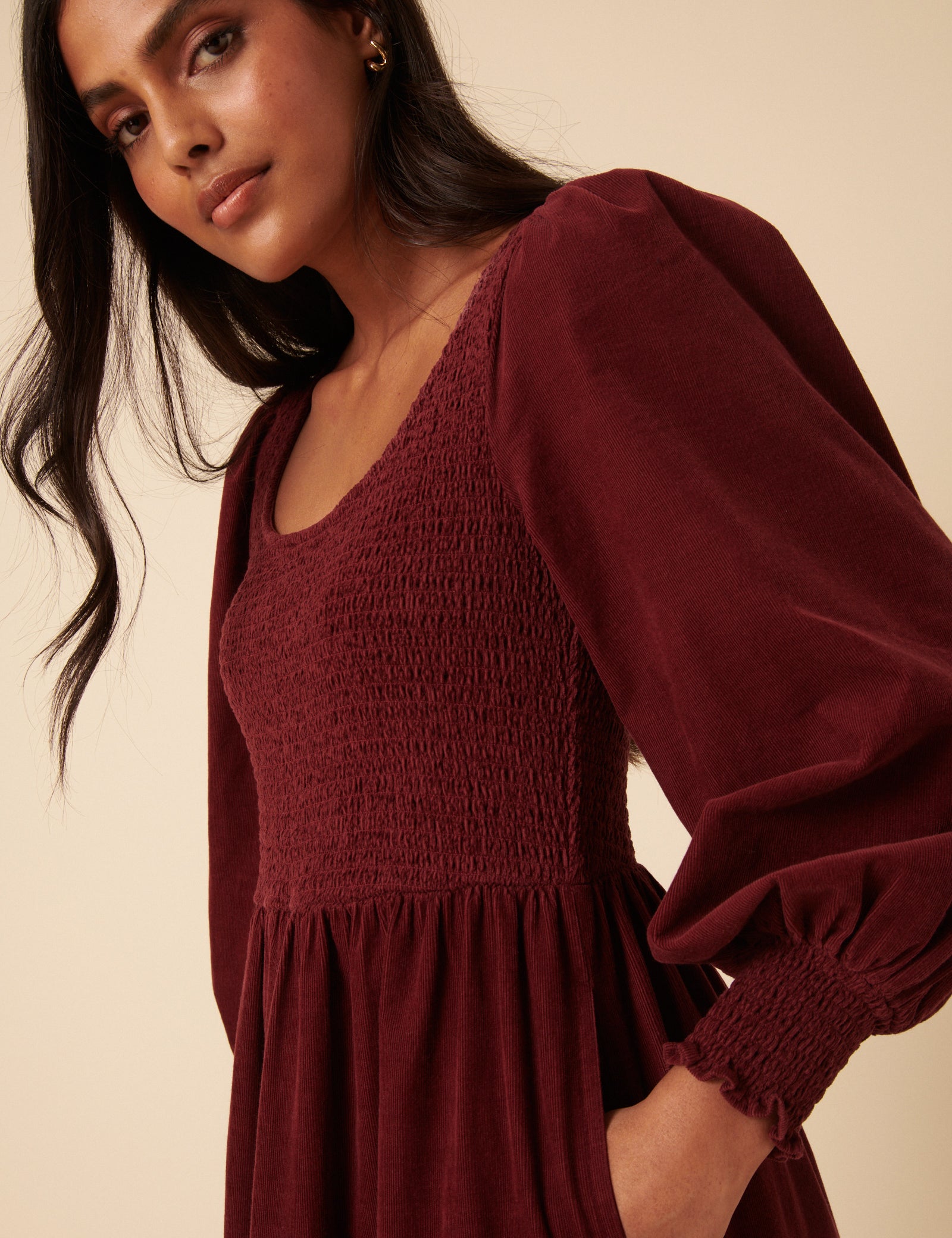 Burgundy Cord Tiered Ruby Midi Dress Burgundy Cord Tiered Ruby Midi Dress