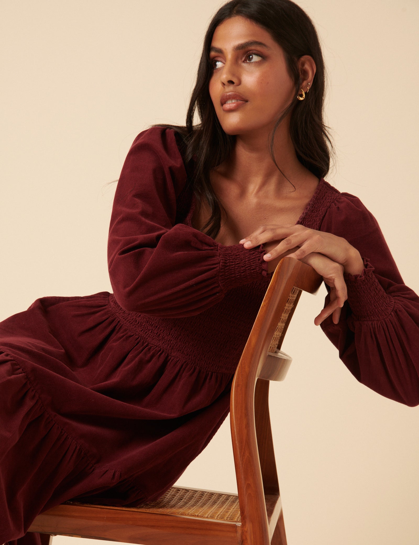 Burgundy Cord Tiered Ruby Midi Dress Burgundy Cord Tiered Ruby Midi Dress