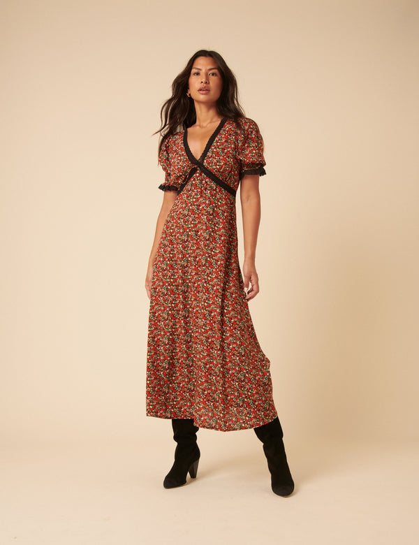 Red Ditsy Floral Sophia Midi Dress