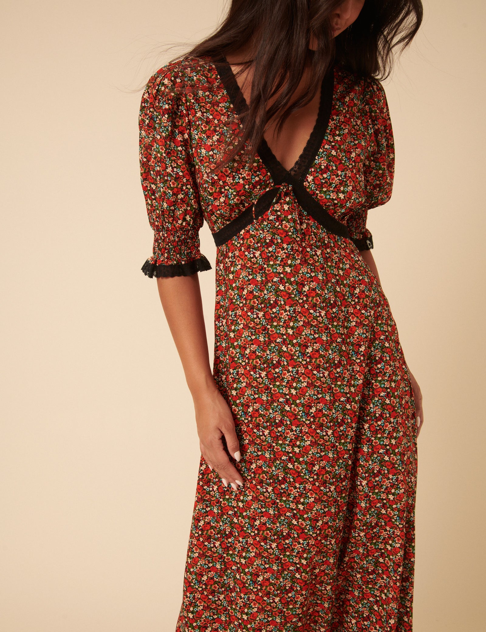 Red Ditsy Floral Sophia Midi Dress