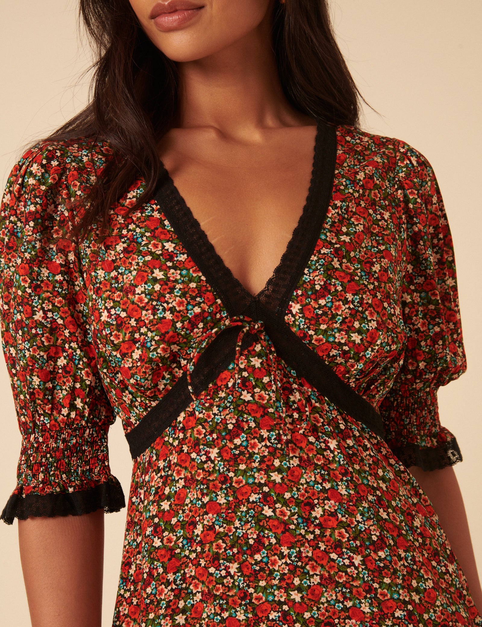 Red Ditsy Floral Sophia Midi Dress