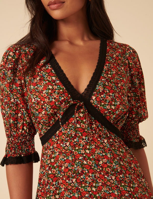 Red Ditsy Floral Sophia Midi Dress