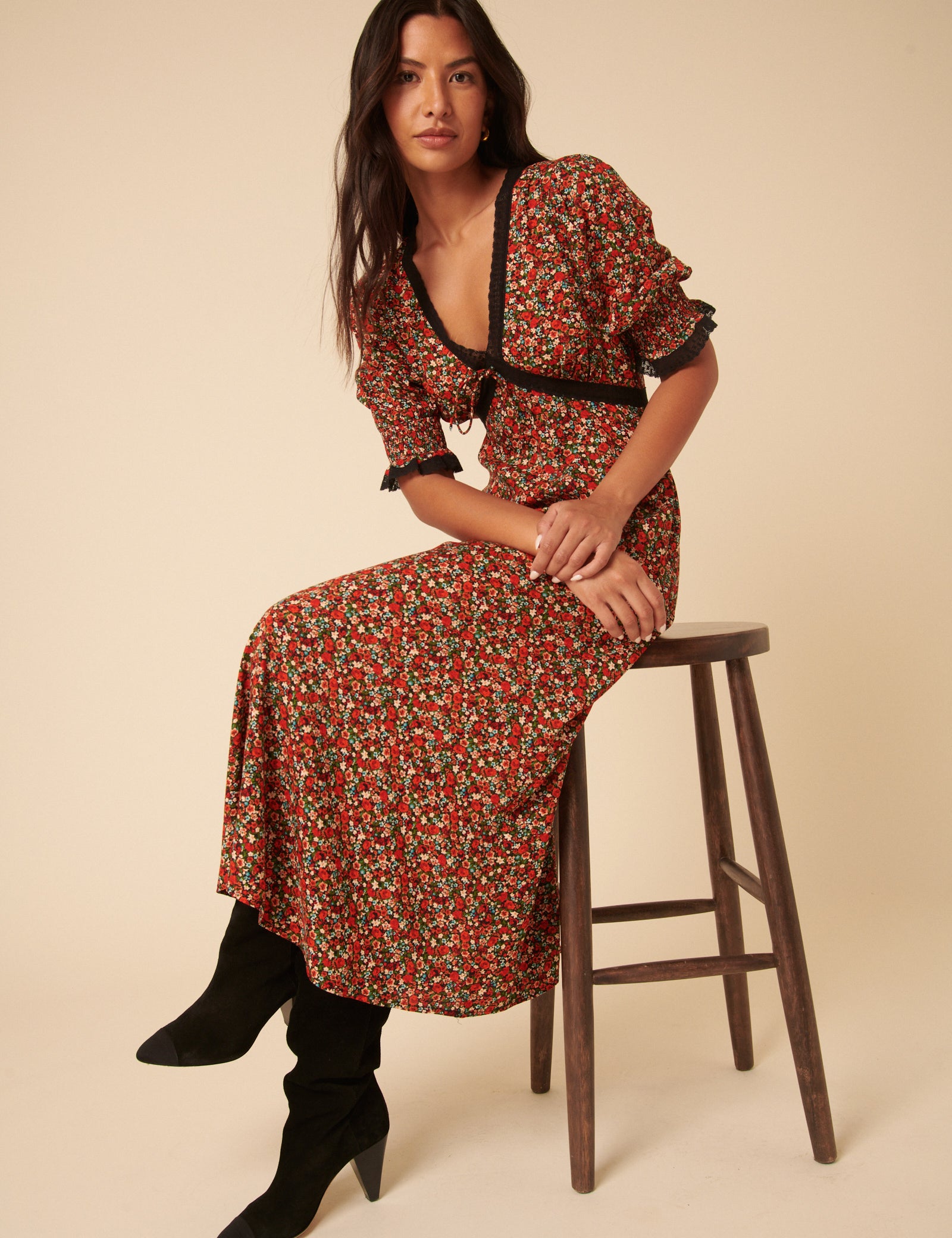 Red Ditsy Floral Sophia Midi Dress