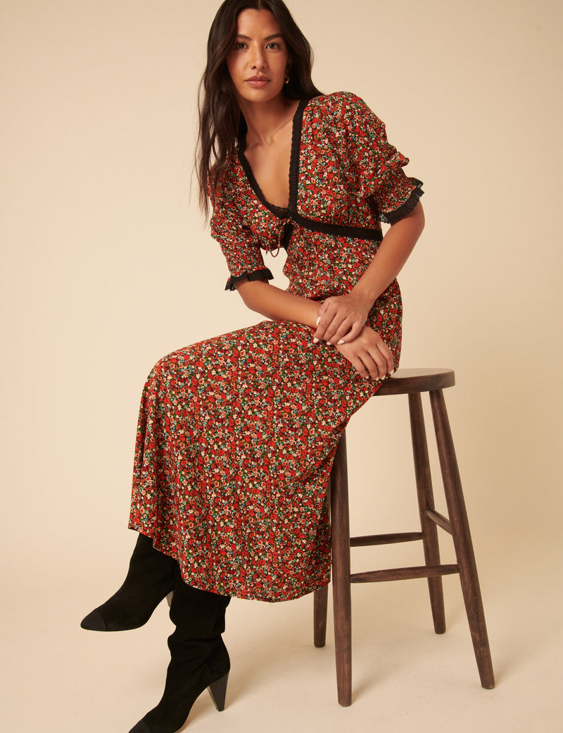 Red Ditsy Floral Sophia Midi Dress