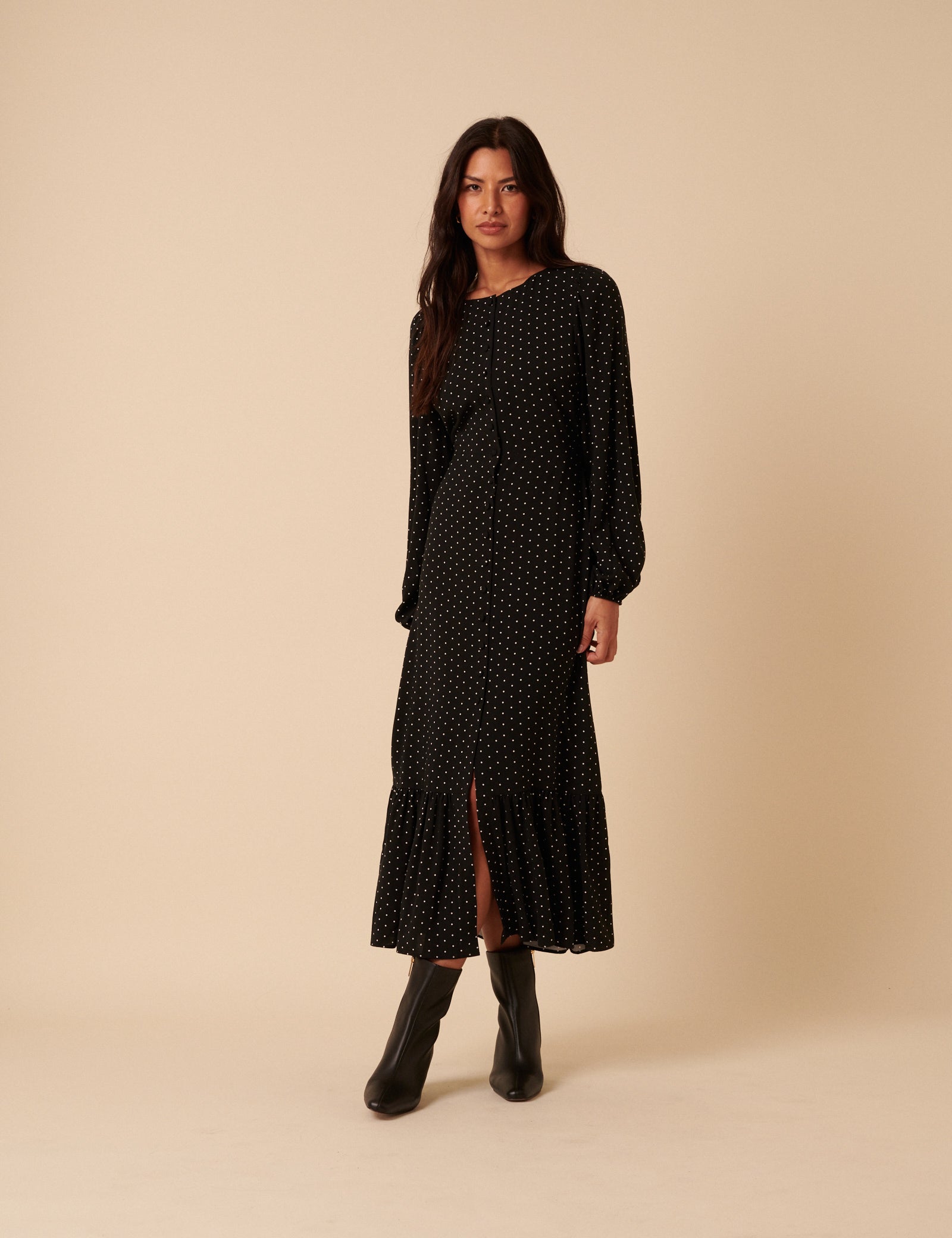 Black Polka Dot Balloon Sleeve Amara Midi Dress Black Polka Dot Balloon Sleeve Amara Midi Dress